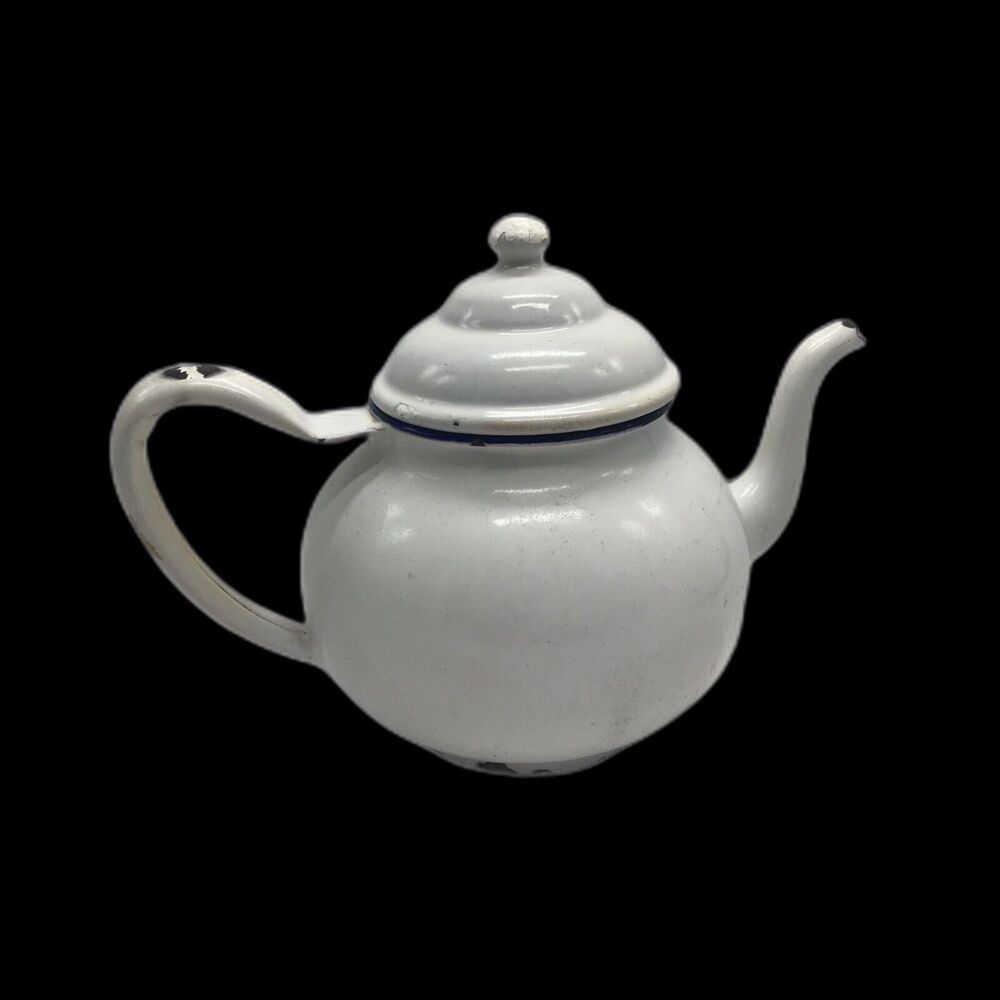 Vintage White Enamel Teapot Blue Rim Kettle Farmhouse Cottagecore Decor